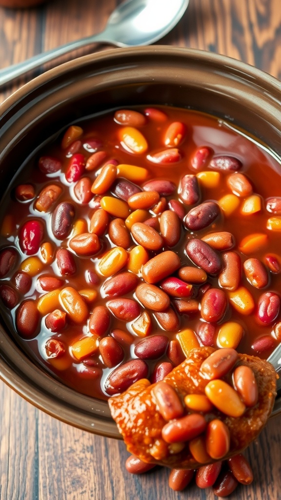 A close-up of 7 bean baked beans in a rustic crock pot, showcasing various beans and a rich, glossy sauce.